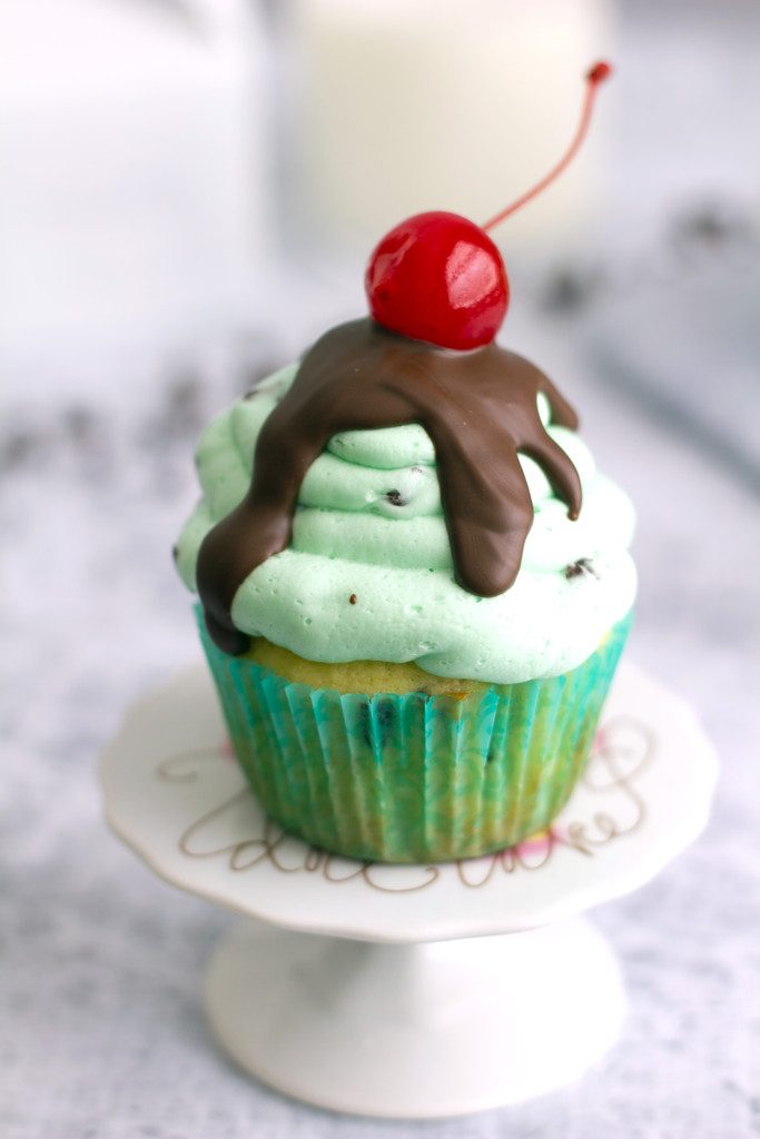 Mint Chocolate Chip Ice Cream Cupcakes -- An ice cream sundae in cupcake form! | wearenotmartha.com