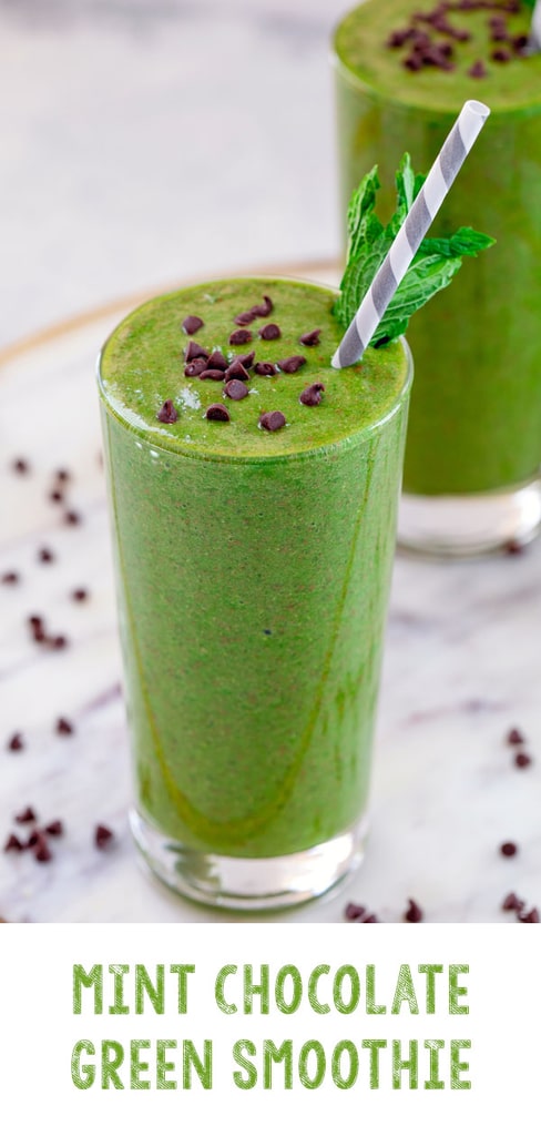 Chocolate Mint Green Smoothie -- This Mint Chocolate Green Smoothie is a delicious way to get your vitamins with a little chocolate mint kick. It's perfect for St. Patrick's Day as a healthy Shamrock Shake replacement, but a wonderful addition to your diet any time of year! | wearenotmartha.com #smoothies #greensmoothie #shamrockshake #healthydrinks