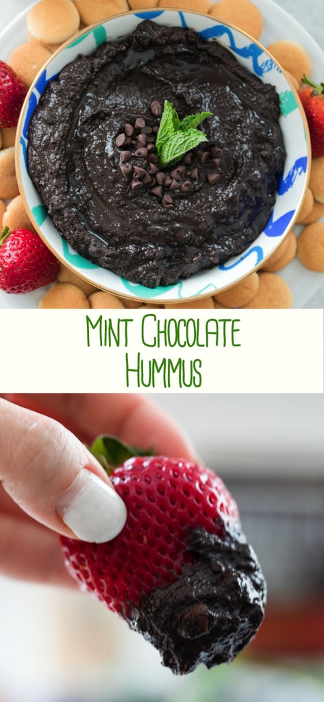 Mint Chocolate Hummus -- There's no reason to be skeptical of chocolate hummus! This Mint Chocolate Hummus can be served with fresh fruit or cookies and makes the perfect creamy dessert dip. Nobody will even guess that it's made with chickpeas | wearenotmartha.com #hummus #chocolate #dessert #dip #mint