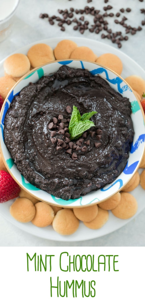 Mint Chocolate Hummus -- There's no reason to be skeptical of chocolate hummus! This Mint Chocolate Hummus can be served with fresh fruit or cookies and makes the perfect creamy dessert dip. Nobody will even guess that it's made with chickpeas | wearenotmartha.com #hummus #chocolate #dessert #dip #mint