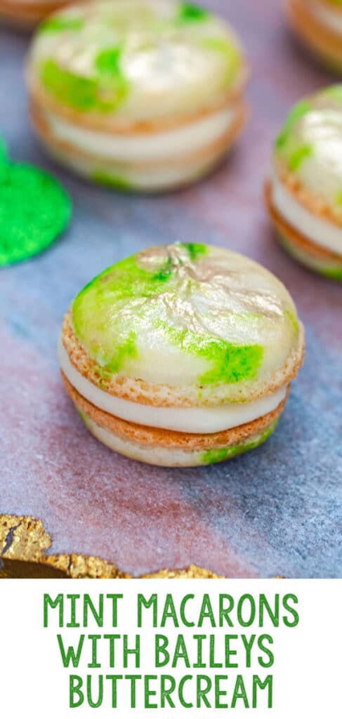 Mint Macarons with Baileys Buttercream -- These Mint Macarons with Baileys Buttercream are a magically fun St. Patrick's Day party treat, but are also delicious any time of year! | wearenotmartha.com #macarons #mint #stpatricksday #baileys