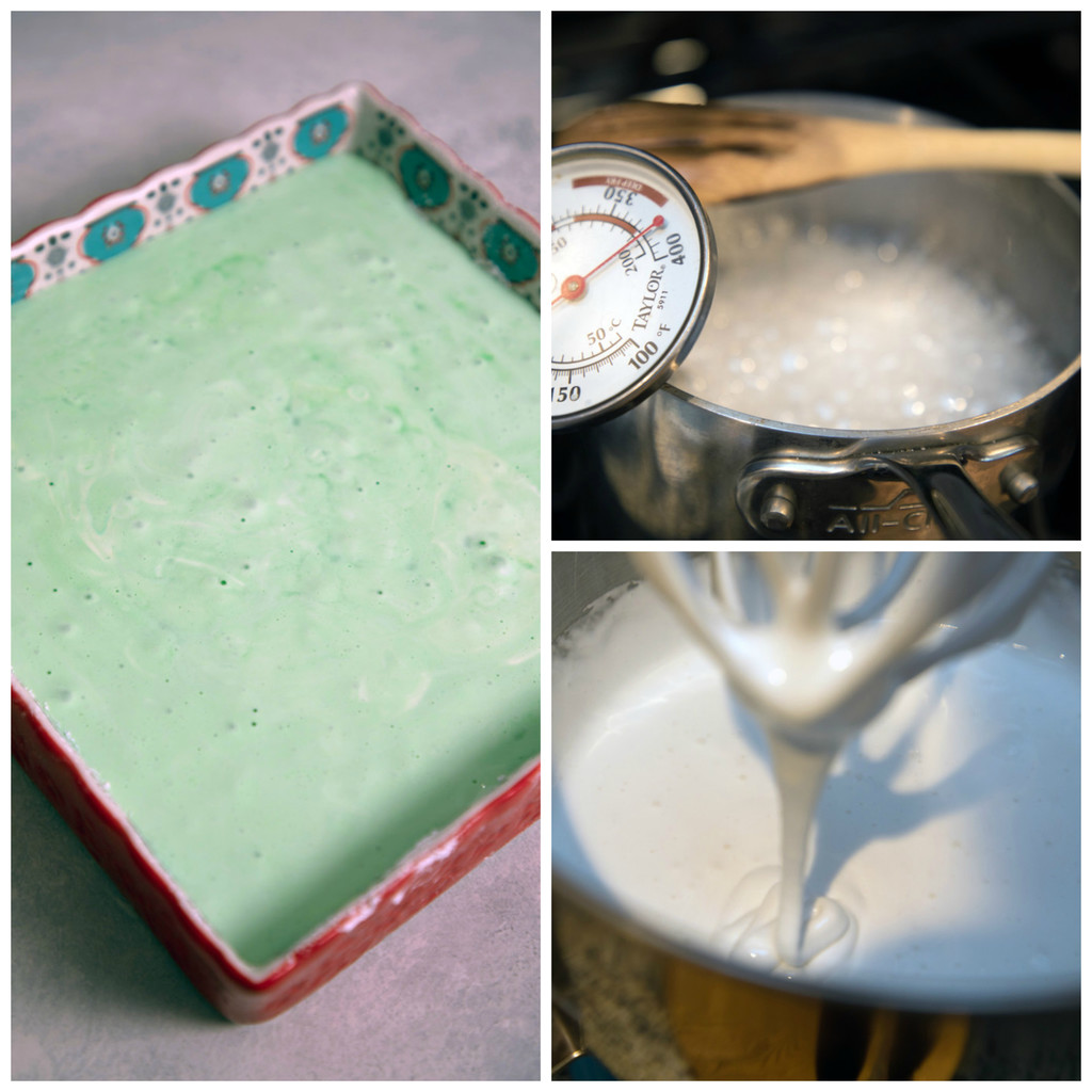 Collage showing process for making mint white chocolate marshmallows, including marshmallow mixture coming to heat in saucepan, marshmallow mixture in mixer, and green mint marshmallows setting in baking dish