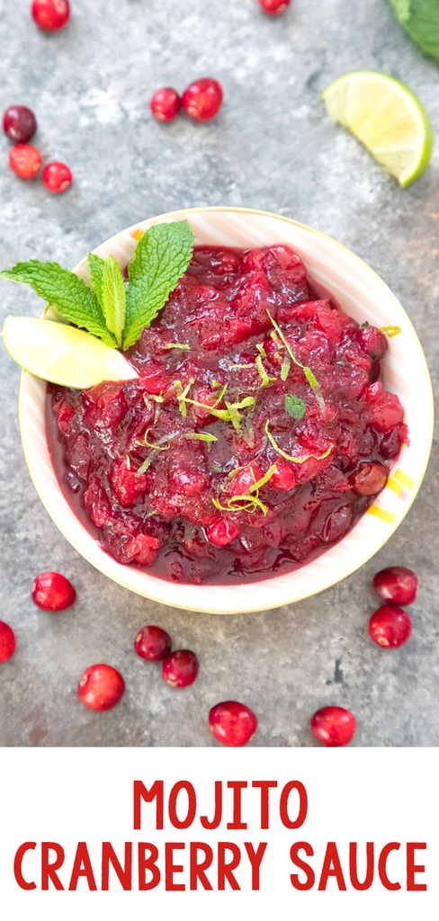 Mojito Cranberry Sauce -- Take your traditional holiday cranberry sauce and give it a cocktail twist! Rum, mint, and lime juice star in this Mojito Cranberry Sauce, perfect for your Thanksgiving or Christmas dinner | wearenotmartha.com