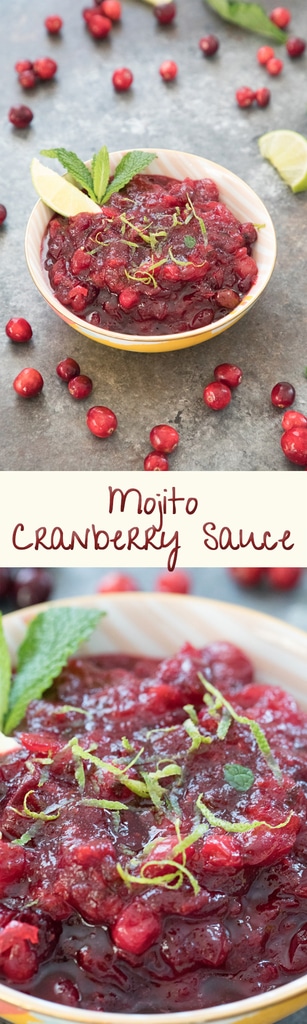 Mojito Cranberry Sauce -- A cocktail-inspired cranberry sauce made with rum, mint, and lime juice and perfect for your Thanksgiving or Christmas holiday meal! | wearenotmartha.com