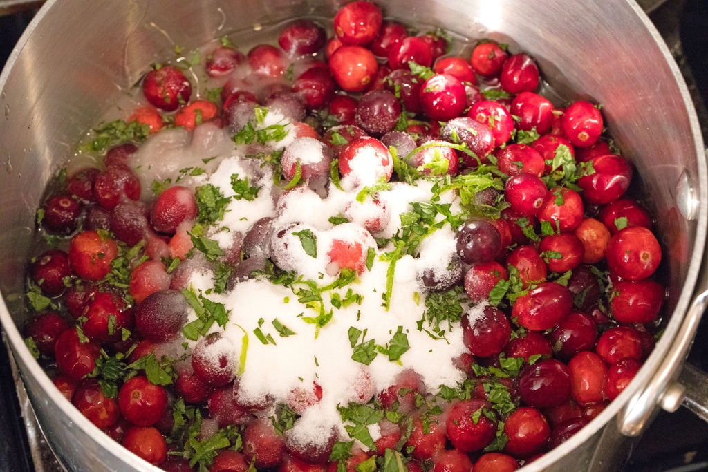 Cranberries, sugar, mint, and lime zest in saucepan