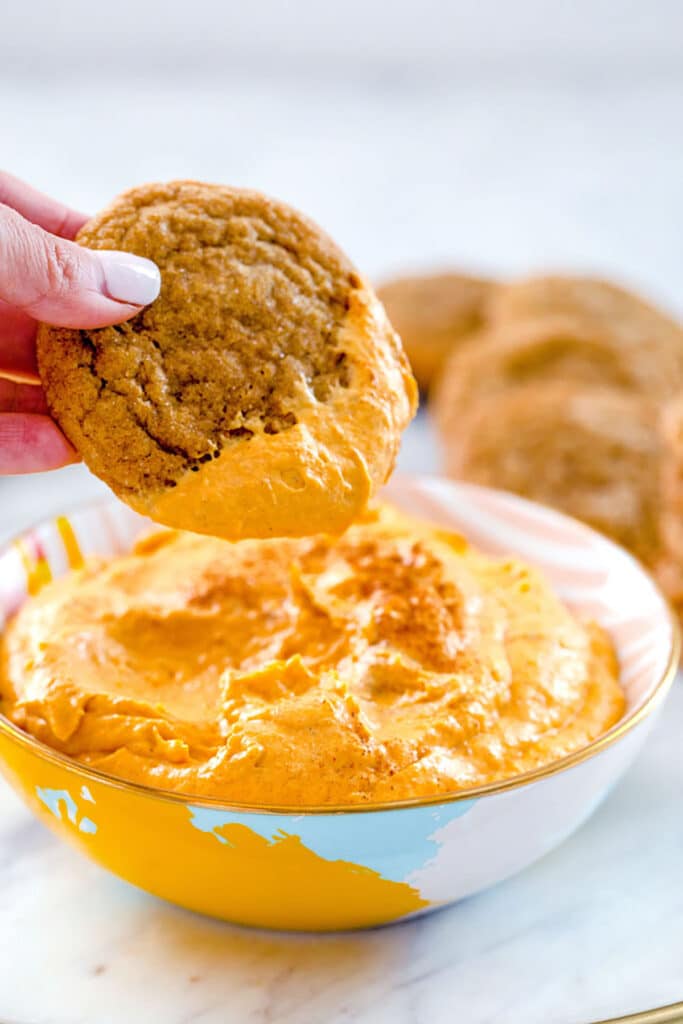 Head-on view of a hand holding a molasses ginger cookie being dipped into a bowl of sweet pumpkin dip with more cookies in the background