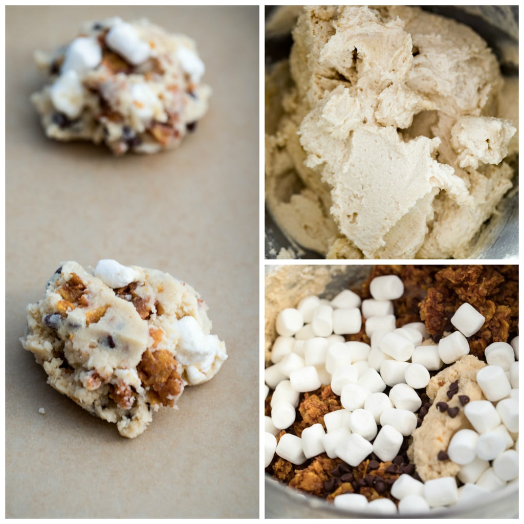 Collage showing Momofuku Milk Bar Cornflake Chip Marshmallow Cookie batter in various stages, including cookie dough formed on parchment paper-lined baking sheet