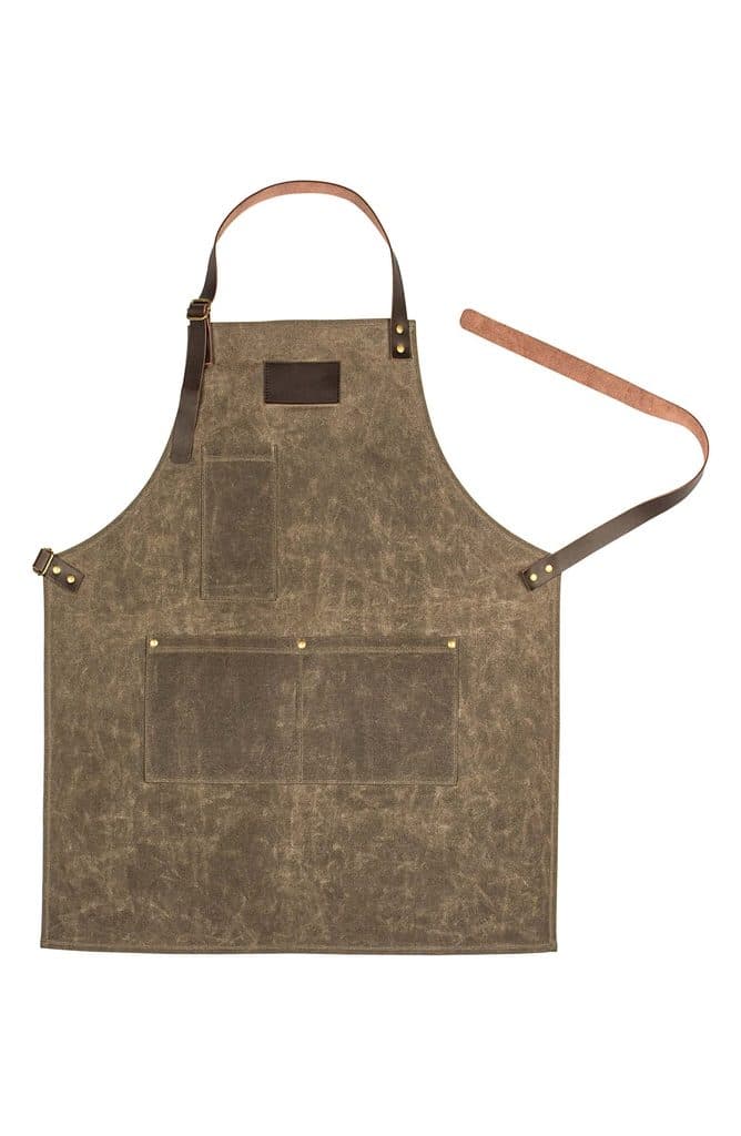 Head-on view of waxed canvas and leather apron