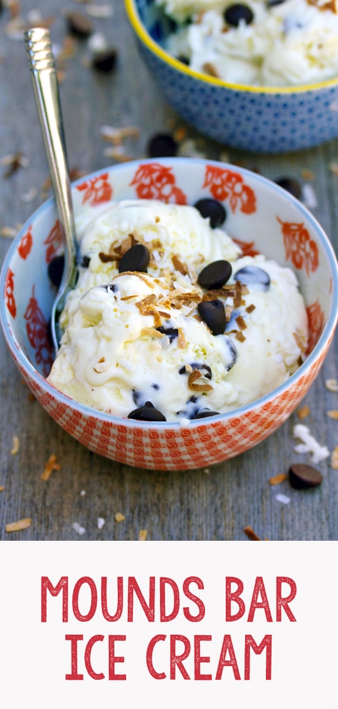Mounds Bar Ice Cream -- If you love Mounds candy bars as much as I do, you need to make this Mounds Bar Ice Cream! Made with lots of coconut and dark chocolate, it's a candy lover's' dream! | wearenotmartha.com #mounds #moundsbar #icecream #candy #coconut