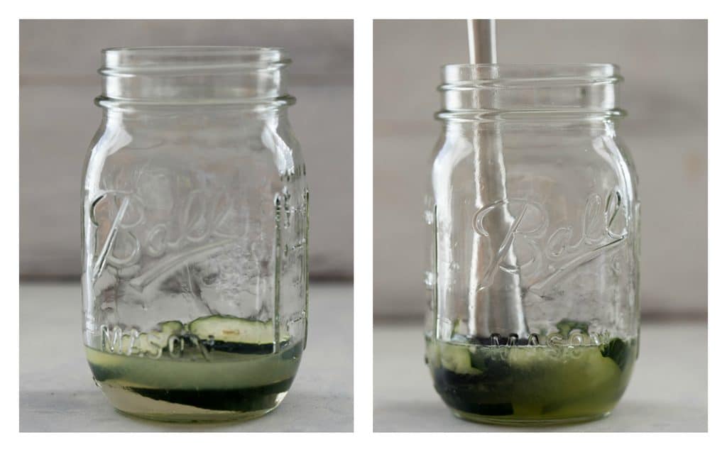 Collage with one photo showing cucumber slices, lemon juice, and simple syrup at the bottom of a mason jar and one photo showing ingredients being muddled in the bottom of the jar