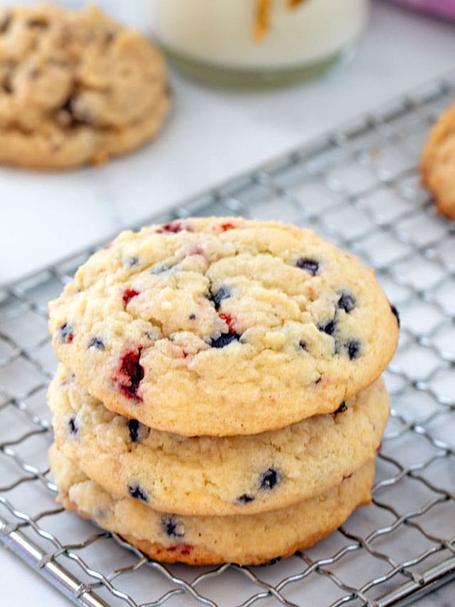 Head-on view of a stack of mixed berry muffin mix cookies.