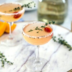 North End Margarita-- This margarita was inspired by the city of Boston and involves muddled tomato and a lemon/thyme/pepper citrus salt rim | wearenotmartha.com