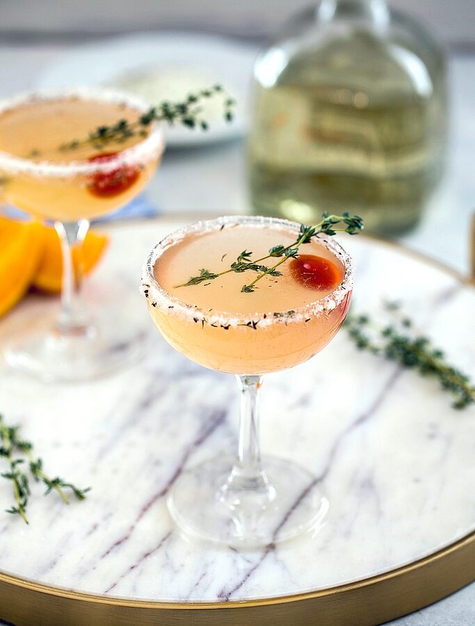 North End Margarita-- This margarita was inspired by the city of Boston and involves muddled tomato and a lemon/thyme/pepper citrus salt rim | wearenotmartha.com