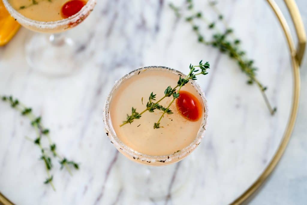 North End Margarita-- This margarita was inspired by the city of Boston and involves muddled tomato and a lemon/thyme/pepper citrus salt rim | wearenotmartha.com