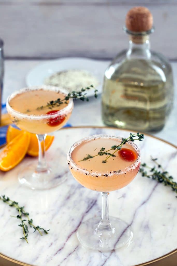 North End Margarita-- This margarita was inspired by the city of Boston and involves muddled tomato and a lemon/thyme/pepper citrus salt rim | wearenotmartha.com