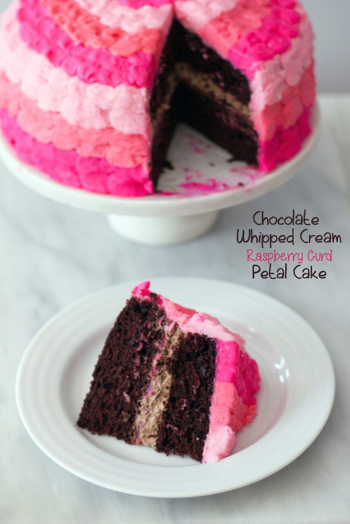 Chocolate Whipped Cream Raspberry Curd Petal Cake | wearenotmartha.com