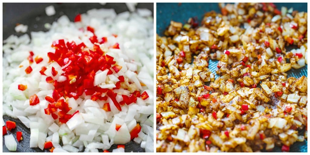 Collage showing one photo with onions, chili peppers, and garlic in pan and second photo with onions, chili peppers, and garlic with spices and browned in pan