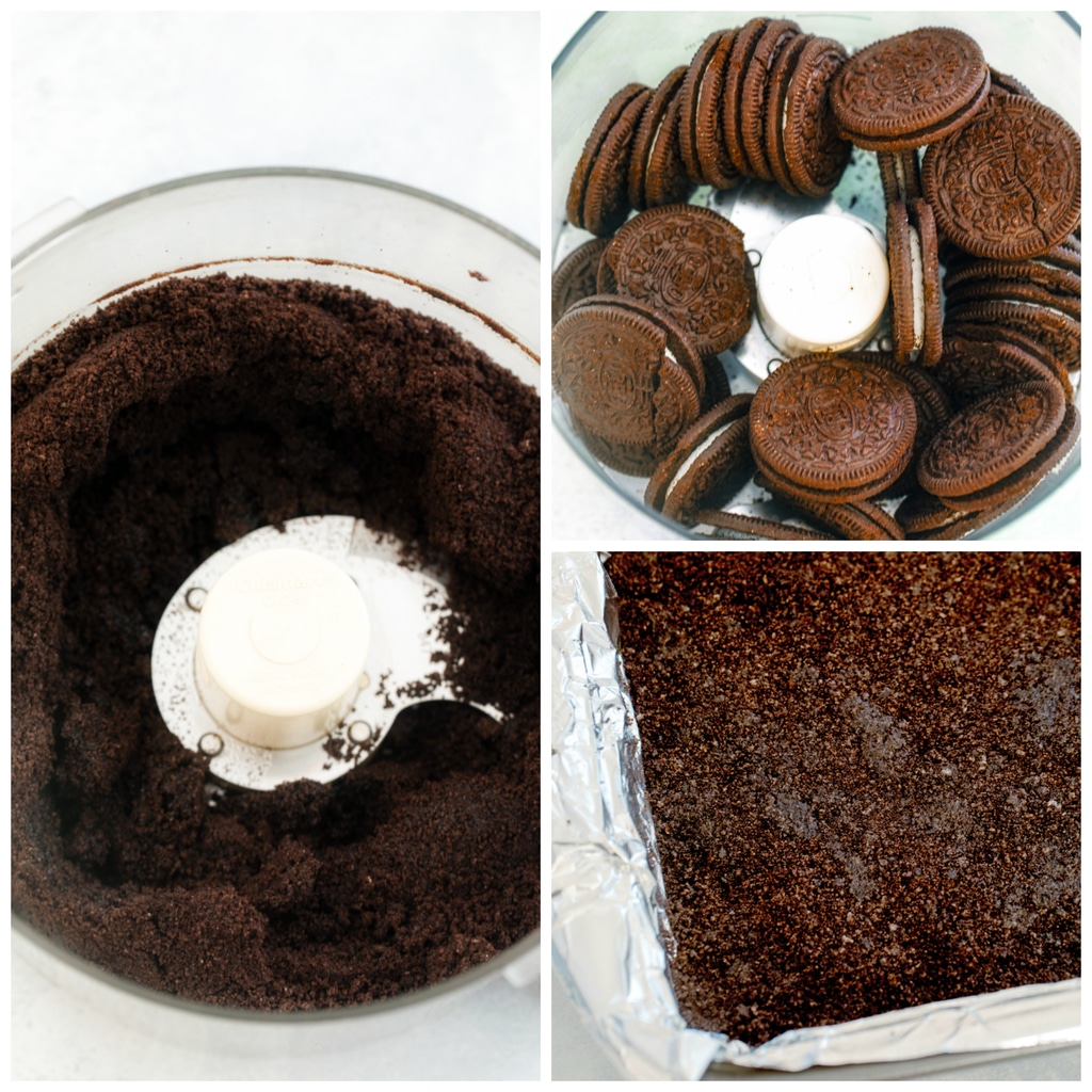 Collage showing process for making chocolate cookie crust for candy cane cookie dough bars, including Oreo cookies in food processor, Oreo cookie crumbs in food processor, and cookie crumbs pressed into the bottom of a baking pan.