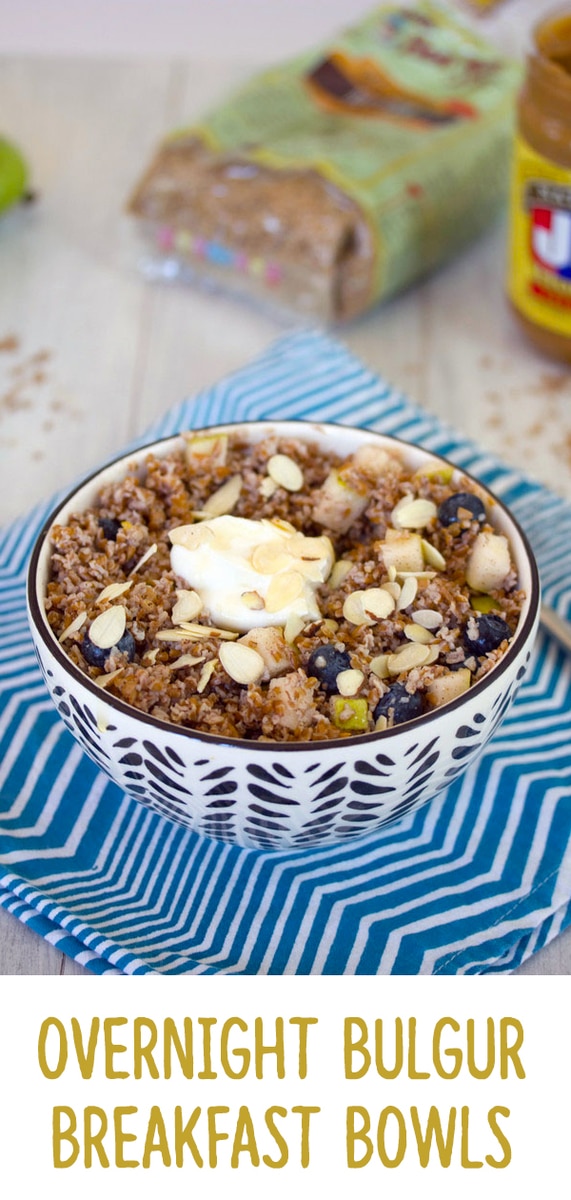 Pinterest size image featuring overnight bulgur breakfast bowl with pears and blueberries topped with yogurt with bulgur and peanut butter in the background with recipe title at bottom