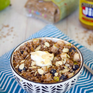 Overnight Bulgur Breakfast Bowls with Pears and Blueberries -- Deliciously satisfying overnight "oats" with peanut butter and fruit | wearenotmartha.com