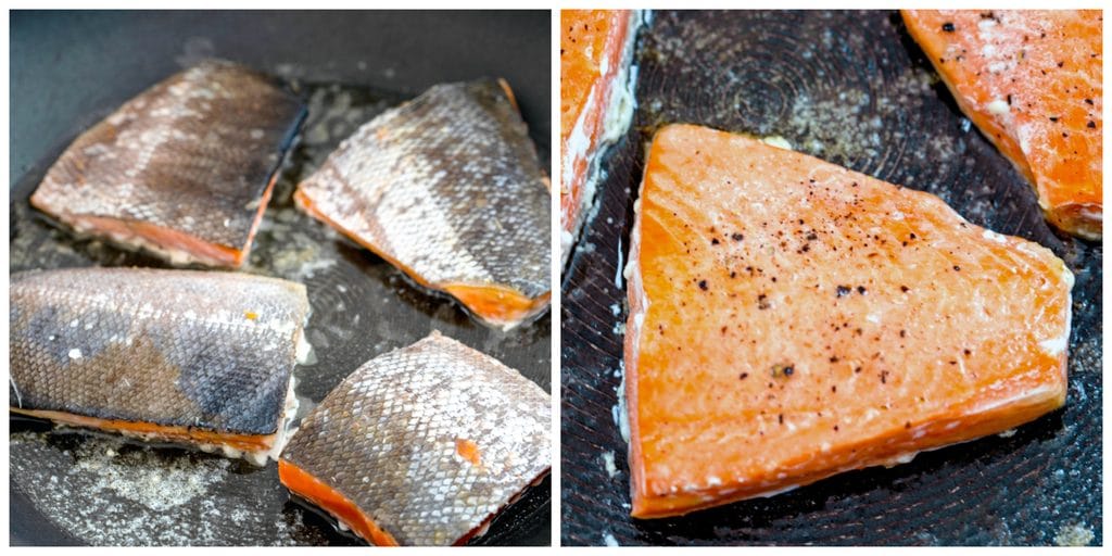 Collage showing salmon being pan seared, first skin-side up and then skin-side down.