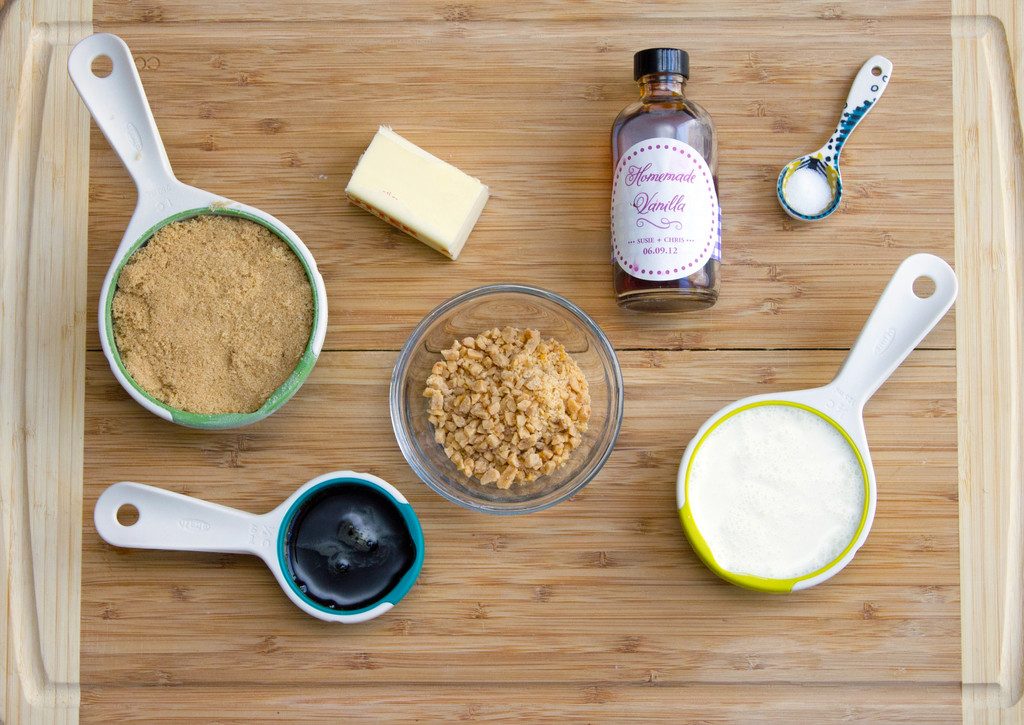 Flat lay showing ingredients needed for toffee sauce