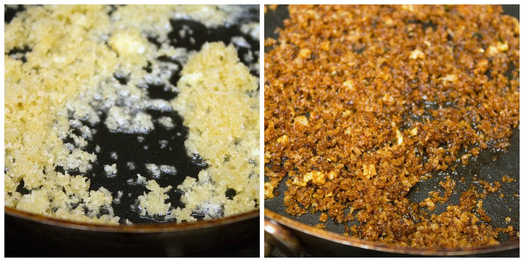 One photo showing panko in butter in skillet and another showing panko toasted in skillet