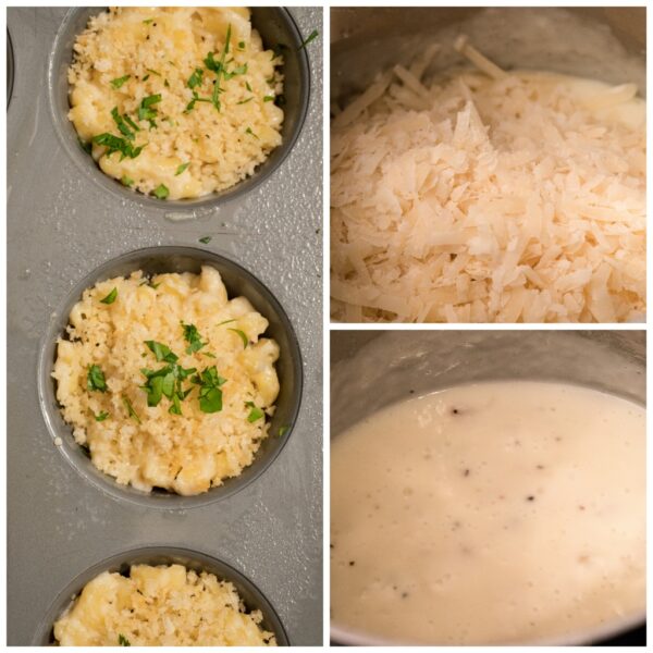 Collage showing process for making mac and cheese bites, including pile of grated parmesan cheese, cheese sauce in saucepan and mac and cheese bites with panko and parsley in muffin tin ready to go in oven