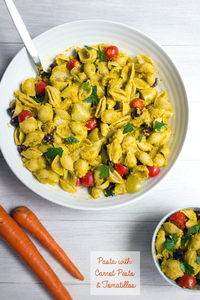 pasta with carrot pesto and tomatillos