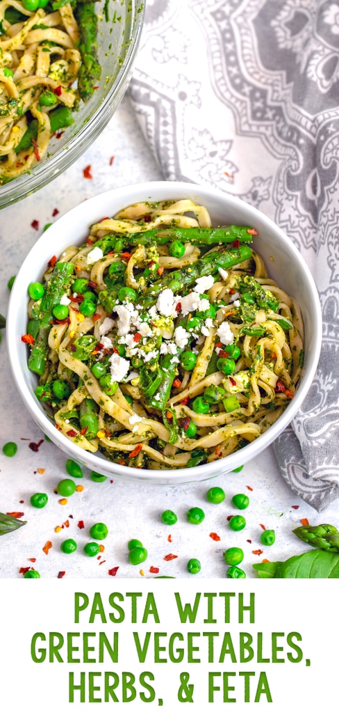 Pasta with Green Vegetables, Herbs, and Feta -- Wondering what to do with that plethora of summer herbs in your garden? Make this Pasta with Green Vegetables, Herbs, and Feta for the ultimate summer pasta dinner! | wearenotmartha.com #pasta #vegetables #herbs #basil #mint #pesto #summer #feta