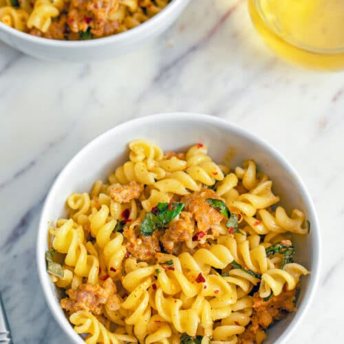 Pasta with Sausage, Basil, and Mustard -- This Pasta with Sausage, Basil, and Mustard has a deliciously satisfying spicy kick and plenty of fresh basil that will get you in the mood for spring and summer | wearenotmartha.com