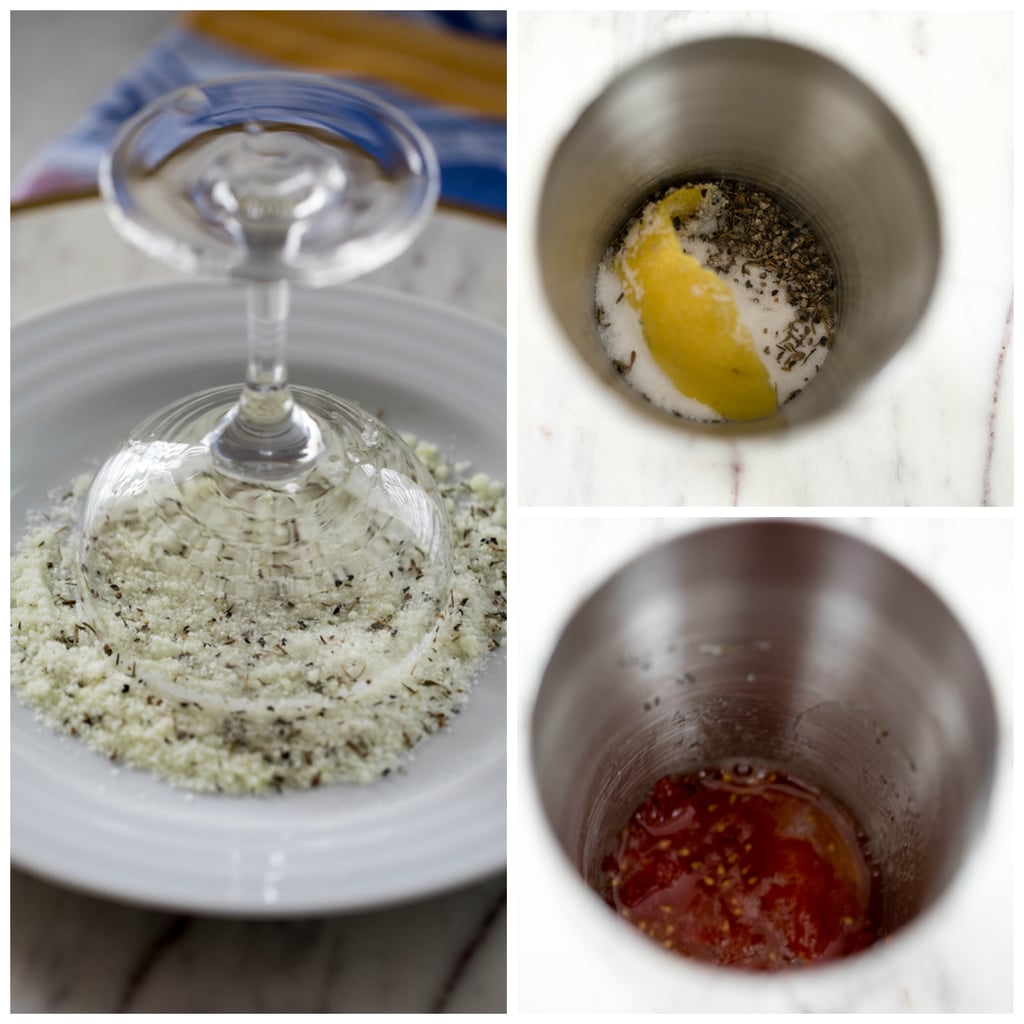 Collage showing lemon/thyme/pepper citrus salt rim being put on glass and margarita ingredients being muddled in shaker
