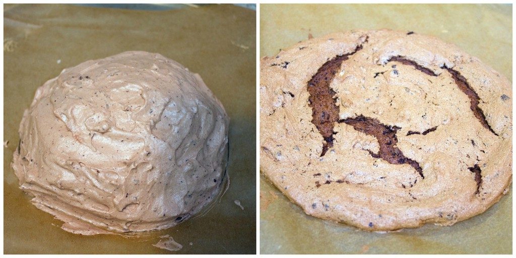 Collage showing process for baking s'mores pavlova, including pavlova batter in a mound on parchment paper and pavlova baked just out of the oven