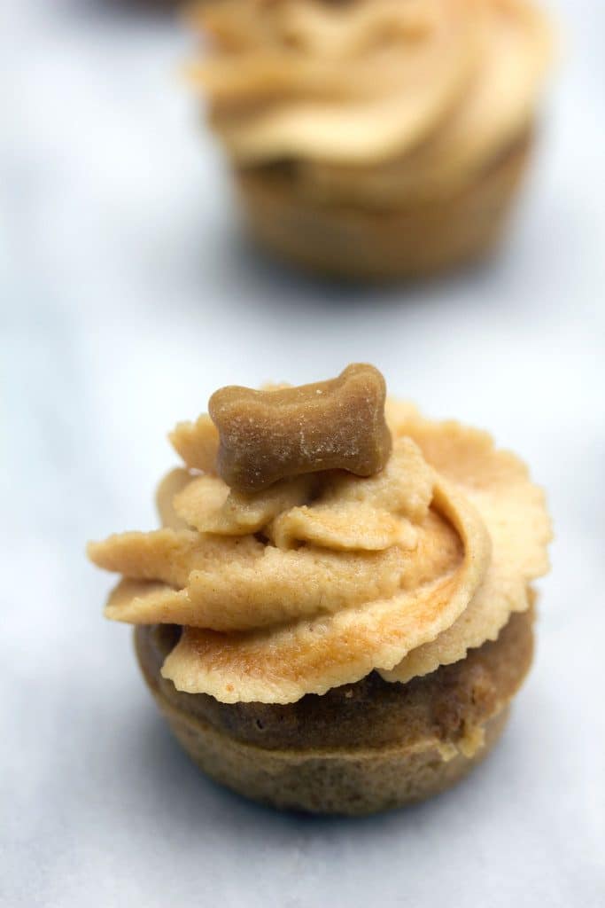 Close-up of a peanut butter banana pupcake with peanut butter frosting swirled on top and a mini bone-shaped treat