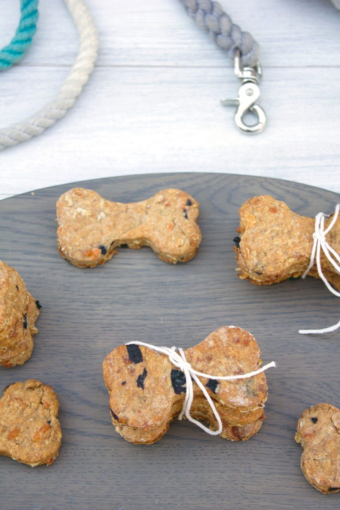 Overhead view of several peanut butter cheddar dog bones on a wood tray with some tied together with twine and a dog leash in the background