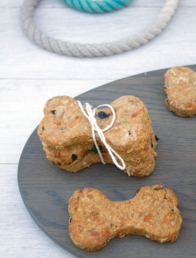 Peanut Butter Cheddar Dog Bones -- These peanut butter dog bones were created especially for our furry friends and are treats made with real ingredients, like peanut butter, cheddar cheese, and blueberries, so you can feel good about feeding them to your pup | wearenotmartha.com