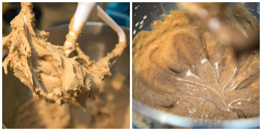 One photo of peanut butter cream filling being made in mixer and one photo of peanut butter cinnamon glaze in bowl.