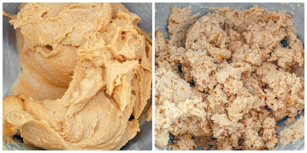 Collage showing process for making peanut butter sandwich cookie cookie dough, including peanut butter and butter blended together and dough with flour and oats blended