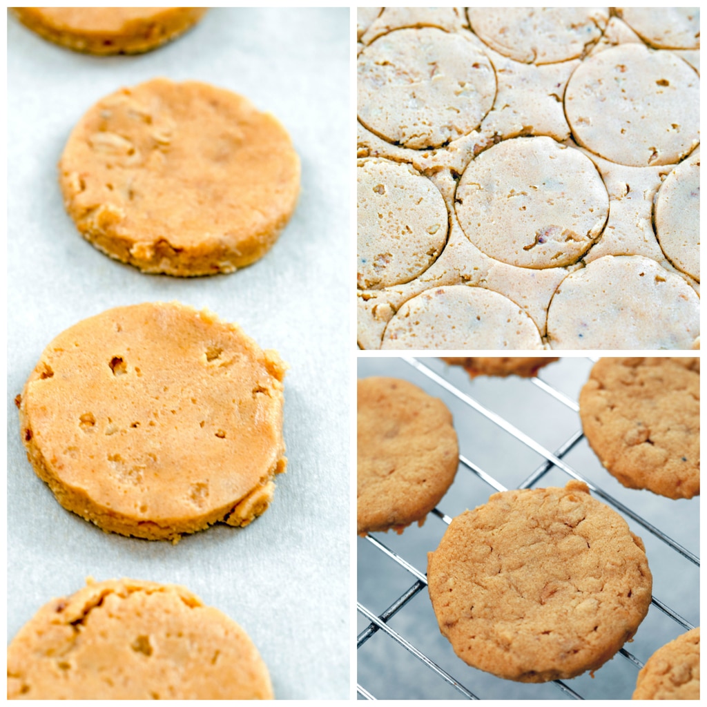 Collage showing process for making peanut butter sandwich cookies, including dough rolled out with rounds cut from it, cookie dough rounds sitting on parchment paper, and baked cookies on cooling rack