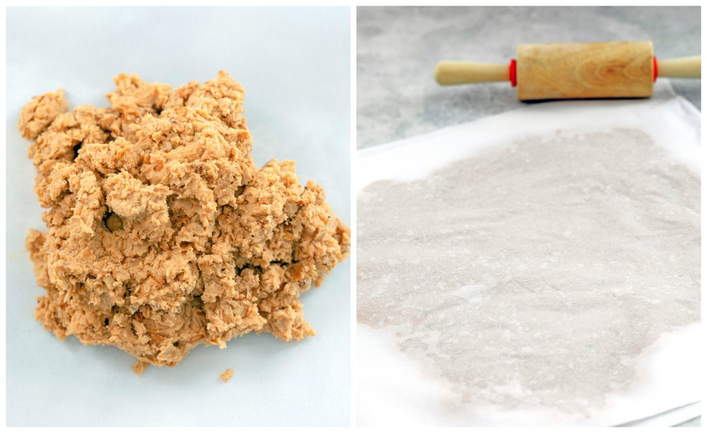 Collage showing process for rolling dough out, including dough sitting on piece of parchment paper and dough rolled out in between two pieces of parchment paper with rolling pin