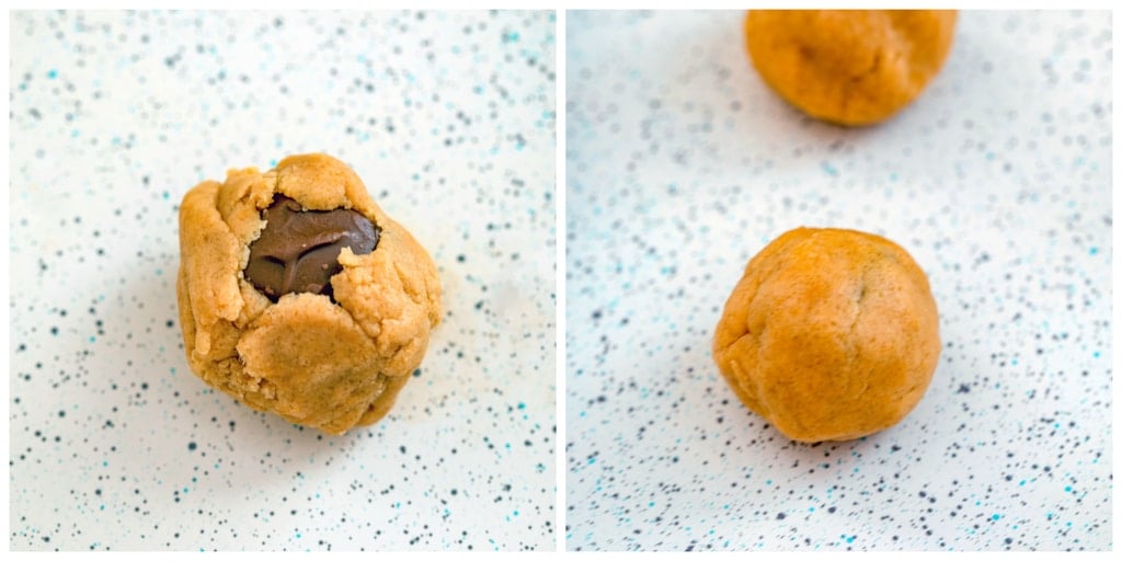 Collage showing peanut butter cookie dough with mini Snickers bar stuffed in the middle and cookie dough balls formed.