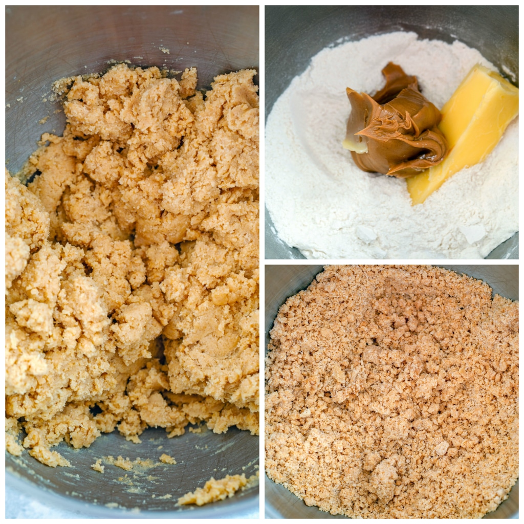 Collage showing process for making peanut butter Snickers cookies, including dry ingredients in a mixing bowl with peanut butter and stick of butter, ingredients mixed to form coarse crumbs, and ingredients mixed into batter