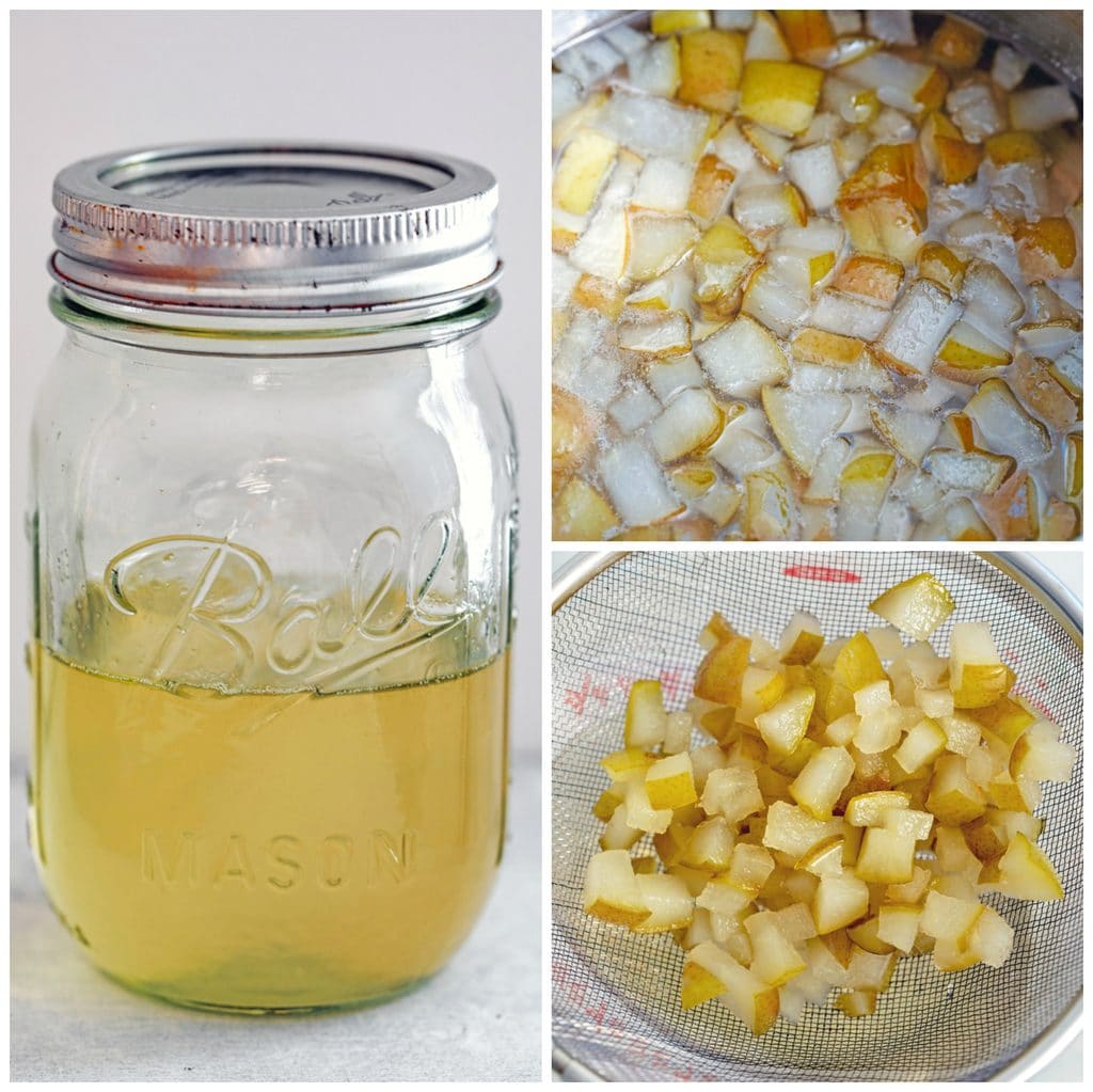 Collage showing process for making pear simple syrup, including pears simmering in sugar and water, pears being strained out of syrup, and pear simple syrup in a mason jar