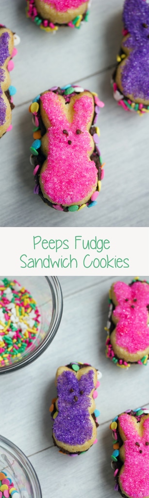 Peeps Fudge Sandwich Cookies -- Whether you love or hate Peeps, there's no denying that these Peeps cookies are adorable! Filled with chocolate fudge and covered in sprinkles, these cookies are the perfect Easter dessert | wearenotmartha.com