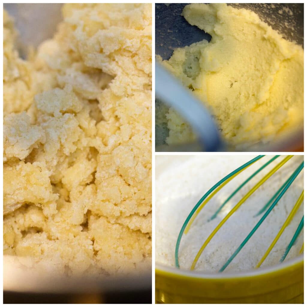 Collage showing process for making cookies, including mixing batter and whisking dry ingredients.