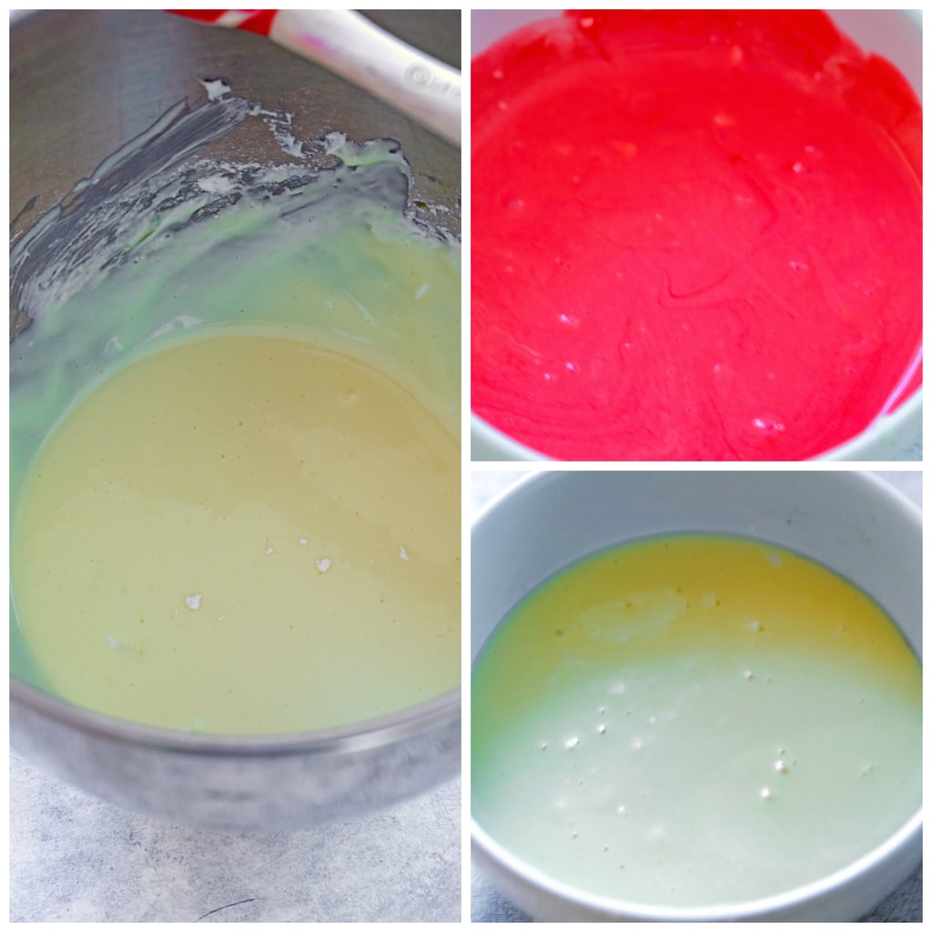 Collage showing process for making peppermint cheesecake, including cheesecake batter in a mixing bowl and cheesecake batter divided into two bowls, one white and one dyed red