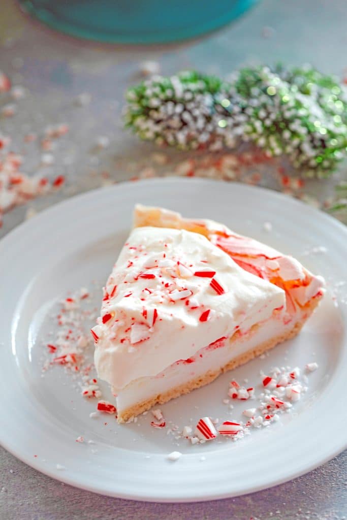 Overhead view of slice of peppermint pavlova on a white plate topped with white chocolate whipped cream and candy cane crumbles with more crushed candy canes in background