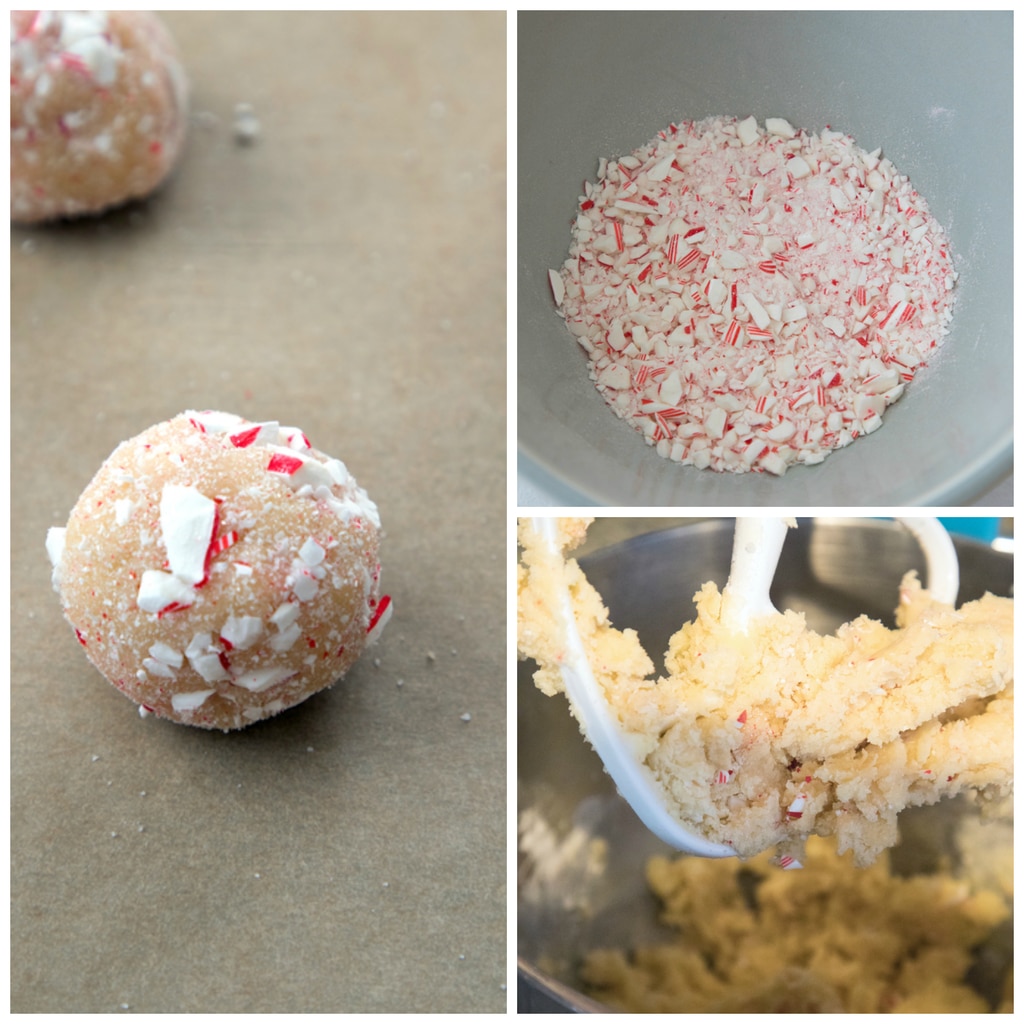 Collage showing crushed candy canes in a bowl, batter being mixed, and cookie dough rolled into balls and rolled in crushed candy cane pieces and sugar