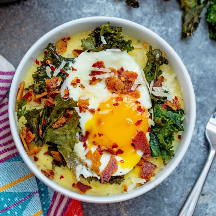 Pesto Polenta with Crispy Kale, Bacon, and Egg We are not Martha