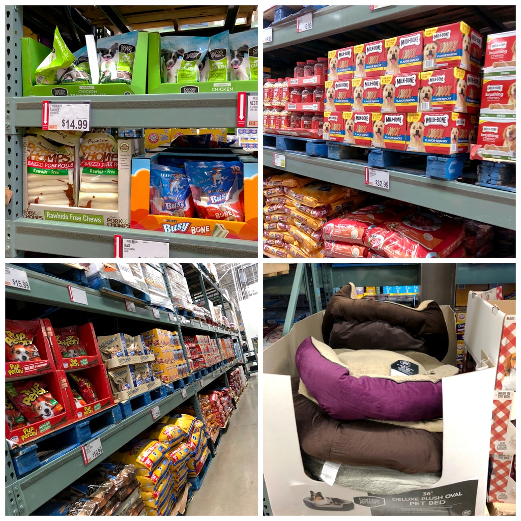 A collage showing the pet aisle at BJ's Wholesale Club, including shelves with dog food, dog treats, and dog beds